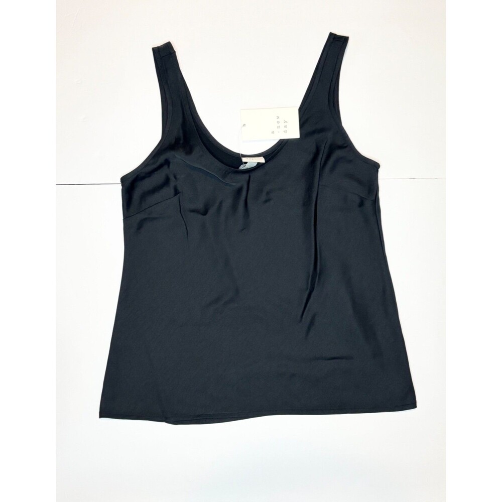 A New Day Woven Shell Tank Top Womens XS Scoop Neck Black with Darts NWT